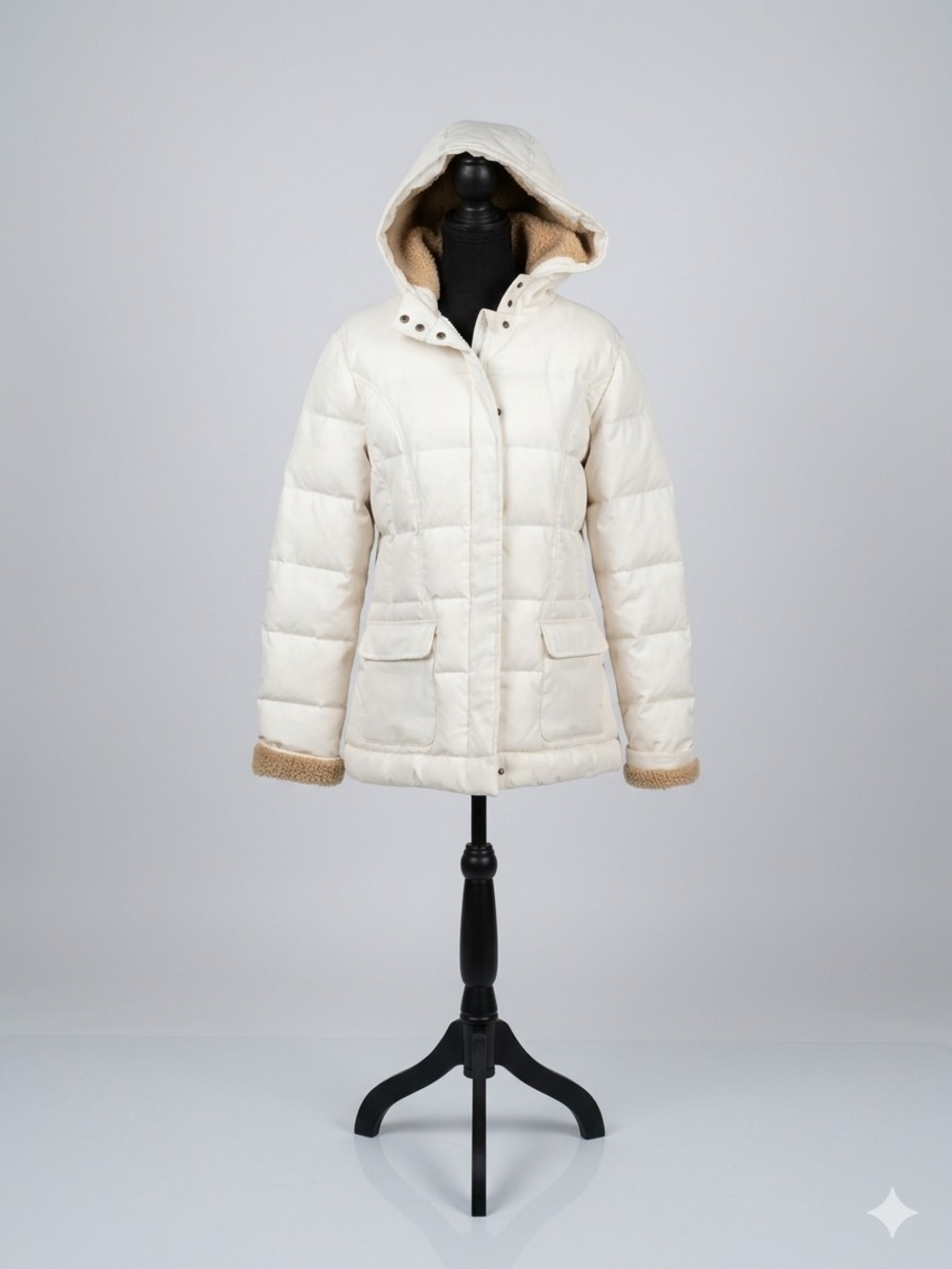 Women's Cream Hooded Puffer Coat with Sherpa Trim Size L.  EUC